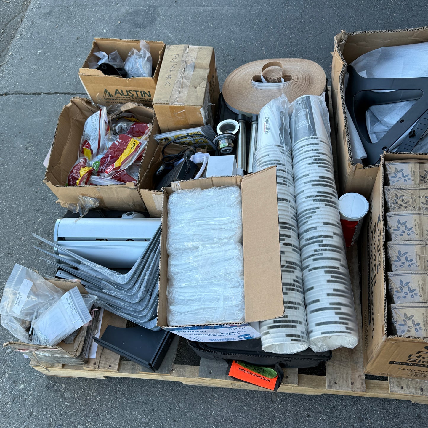 ZA@ Pallet of MIXED Paper Cups, Brackets, Fenders, Mate, Plumbing Parts, Hot Cup Sleeves, Bike Fender, & MORE! (AS-IS)