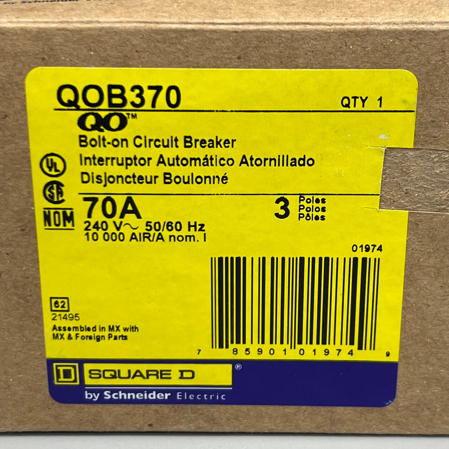 SQUARE D Bolt-on Circuit Breaker 70A-240V QOB370