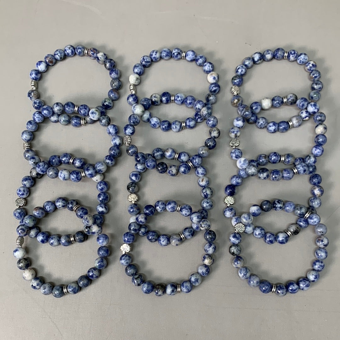 BEST WHOLESALE 12-PACK! Blue Marbled Beaded Crystal Bracelets 3" Silver Tree New