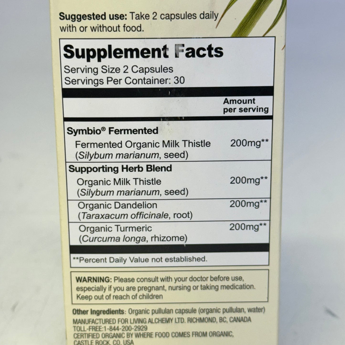 LIVING ALCHEMY Milk Thistle Liver Support BB 08/27 - 60 Vegan Capsules