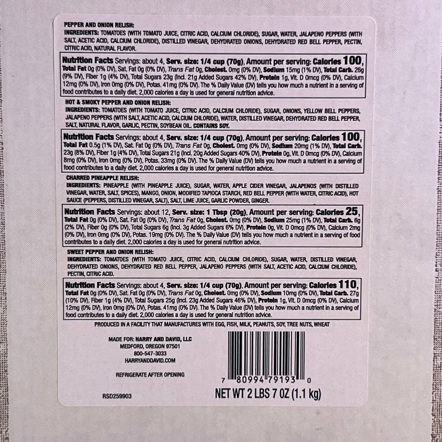 ZA@ HARRY & DAVID (4 PACK) Pepper & Onion Relish 2Lbs / 7 oz D