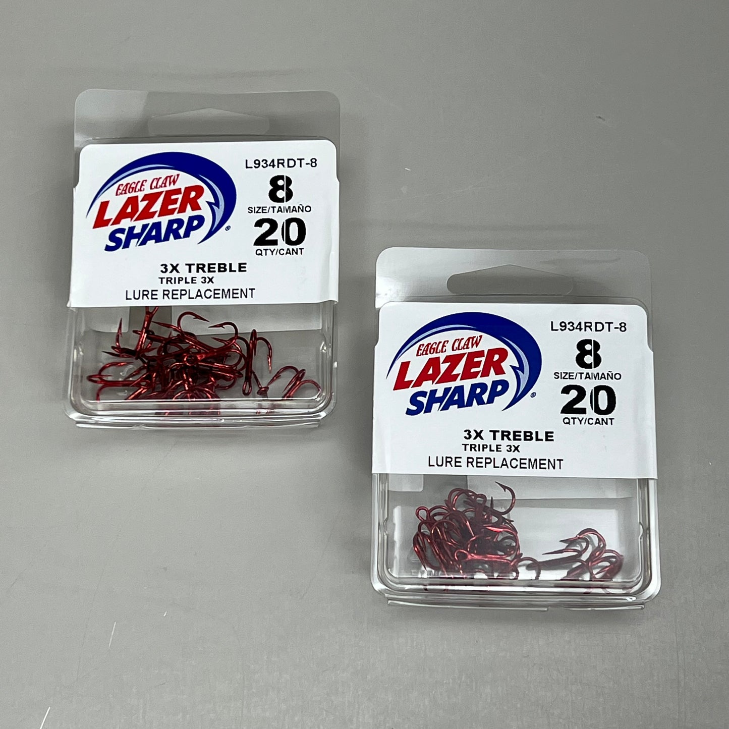 EAGLE CLAW(2 PACK) 3X Treble Regular Shank Round Bend Hook Red #8 20pc L934RDT-8