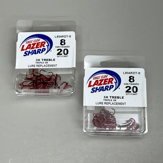 EAGLE CLAW(2 PACK) 3X Treble Regular Shank Round Bend Hook Red #8 20pc L934RDT-8