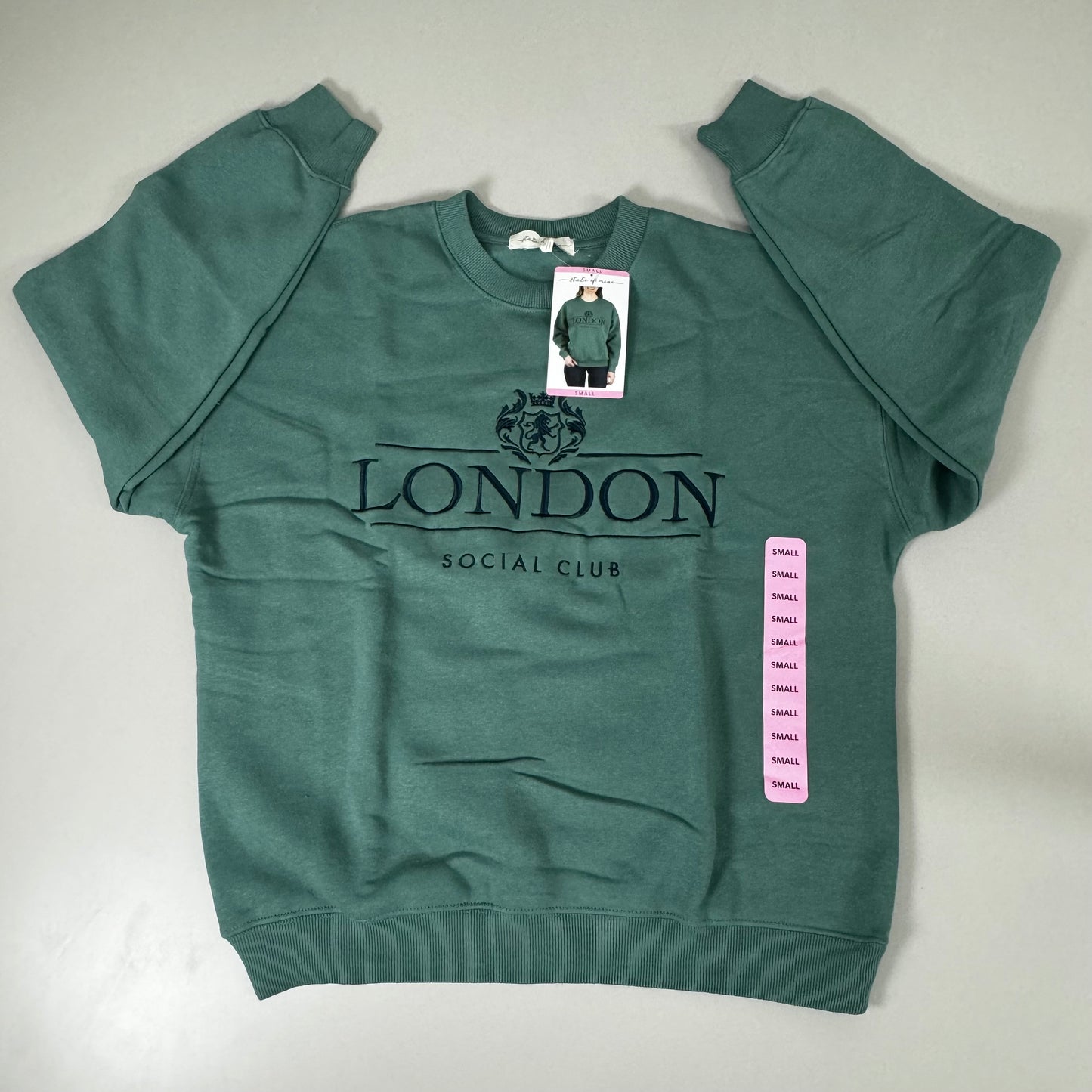 STATE OF MINE London Embroidered Crewneck Hoodie Sage Women's Sz S 15711