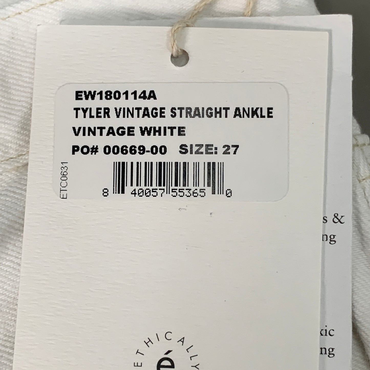 ETICA Tyler High Waist Straight Leg Ankle jeans Vintage White Size 27 EW180114A