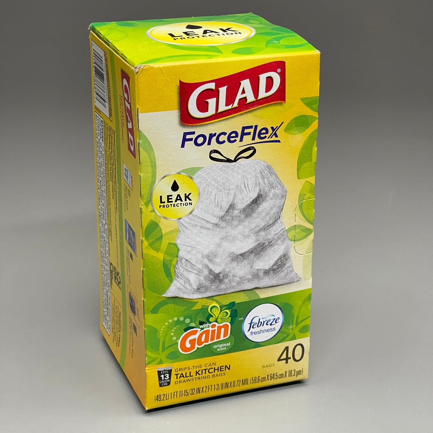 GLAD (3 PACK) Force Flex Gain Original Scent Tall Kitchen Drawstring 30GAL, 40 Bags