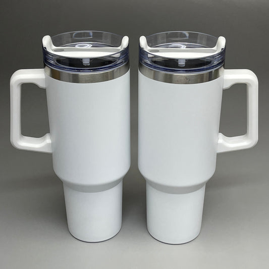 TUMBLER (2 PACK) Insulated Stainless Steel Travel Mug w/ Lid Handle Straw White 40 oz