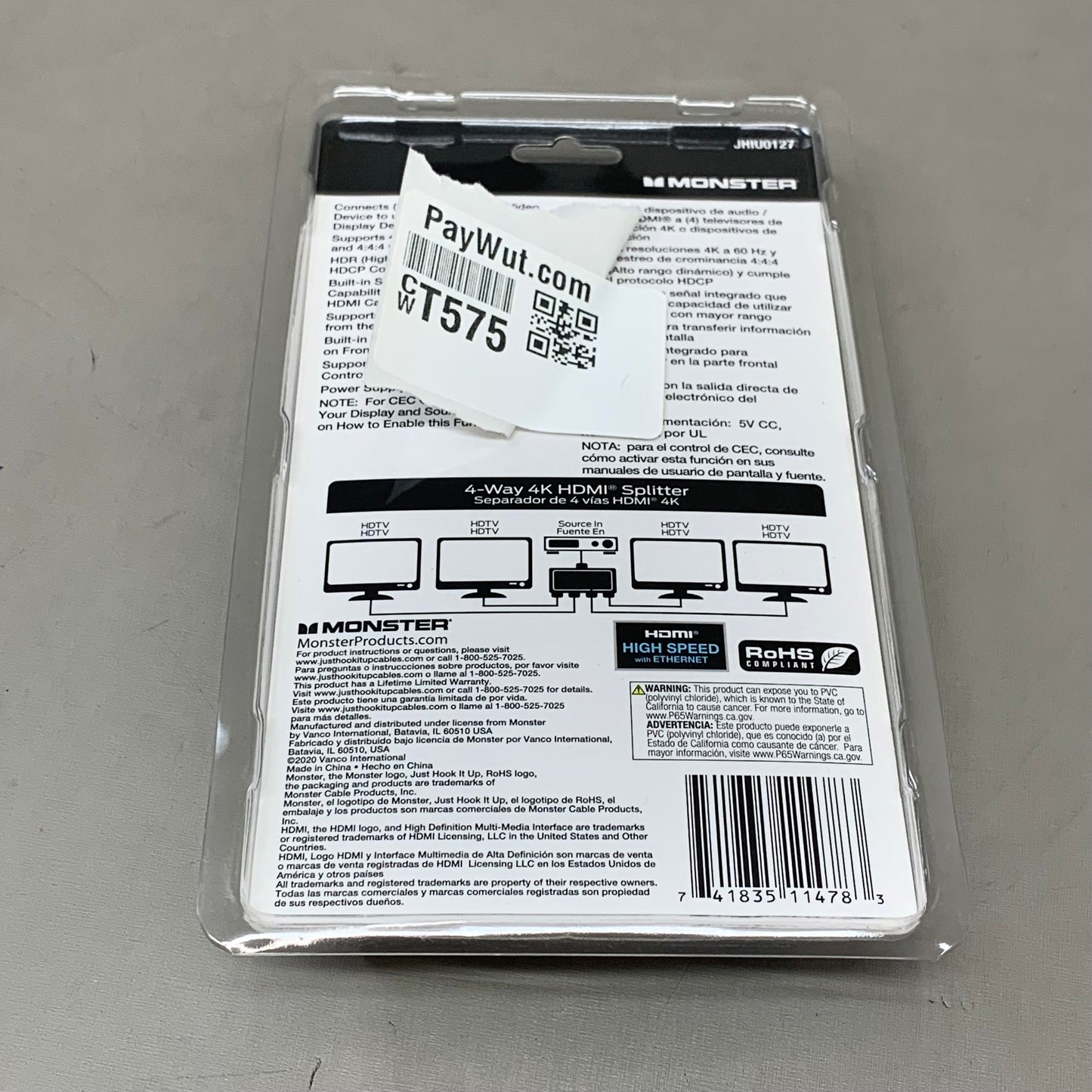 MONSTER 4K 4-Way HDMI Splitter 3"x3"Black JHIU0127