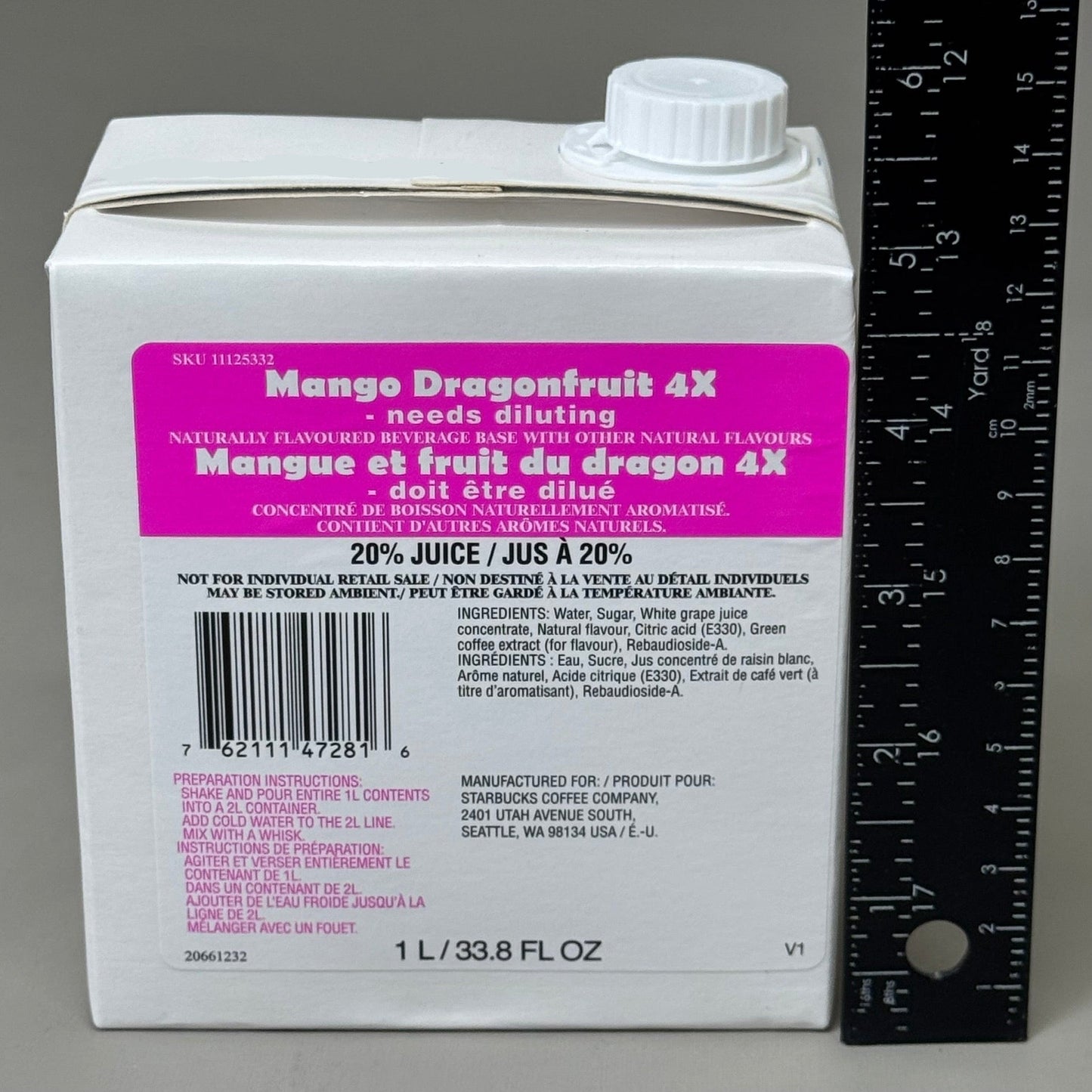 ZA@ STARBUCKS (6 PACK) Mango Dragon Fruit 4X Naturally Flavored Beverage Base 1 L BB 09/24 11125332 A