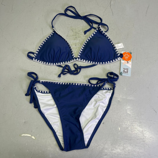 CHARMO Triangle Top Tie Bottoms Contrast Lace Bikini Women's Sz S Blue/White