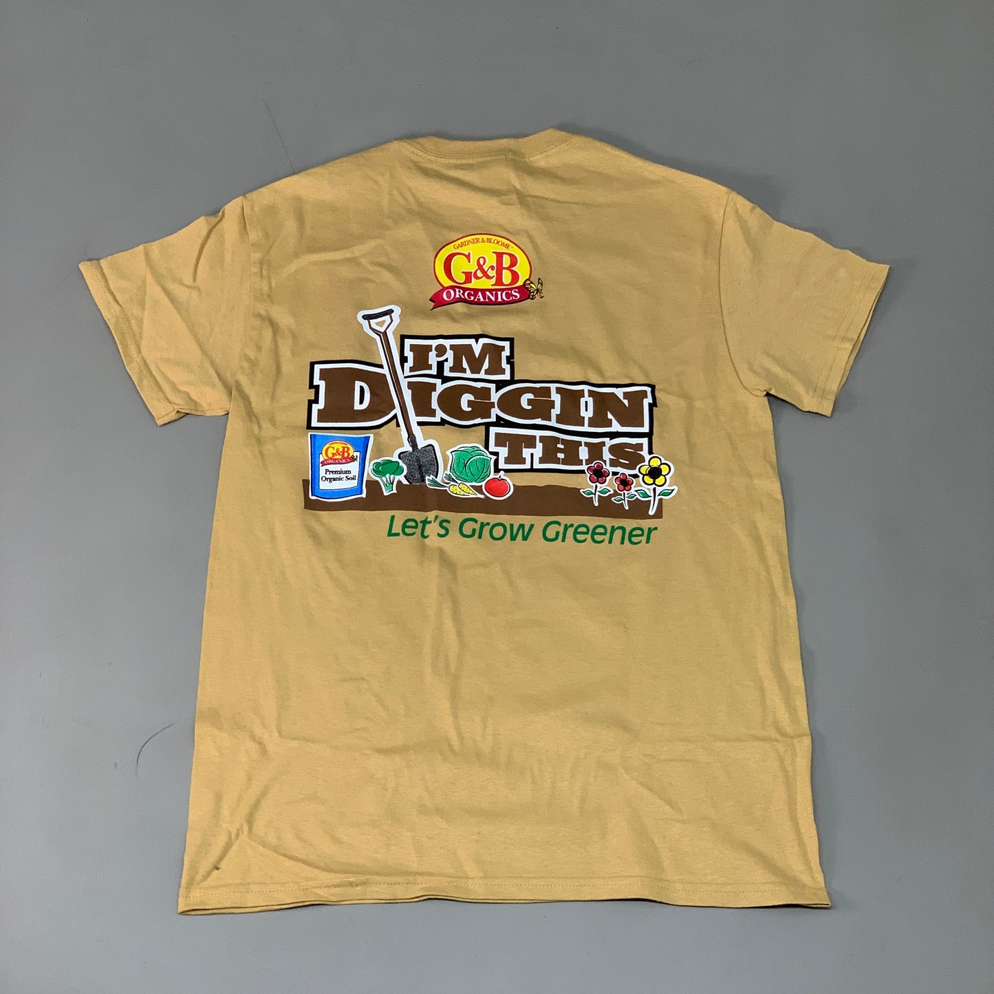 G&B Organics "I'm Diggin This" Logo T-shirt Unisex Sz S Mustard (New)