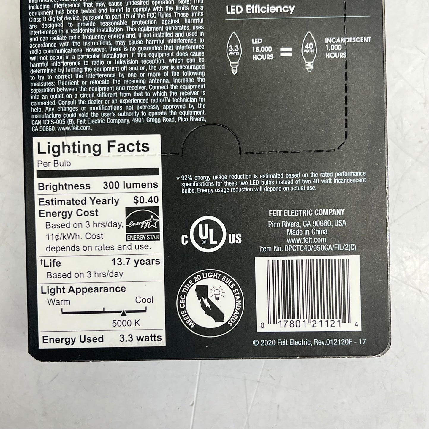FEIT ELECTRIC (2 PACK) Filament Led Bulb E12 Daylight 5000K BPCTC40/950CA/FIL/2