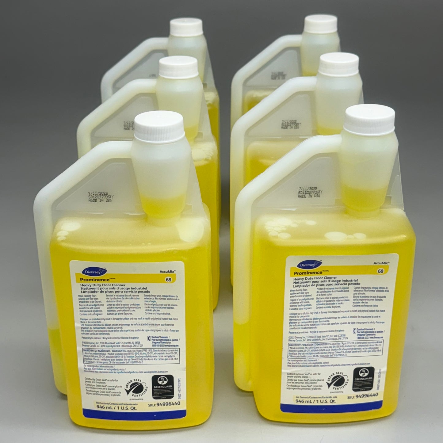 DIVERSEY PROMINENCE 6PK Heavy Duty Floor Cleaner 946ml BB: 07/25 8 1/2”Hx4 1/2”Lx3”W Yellow