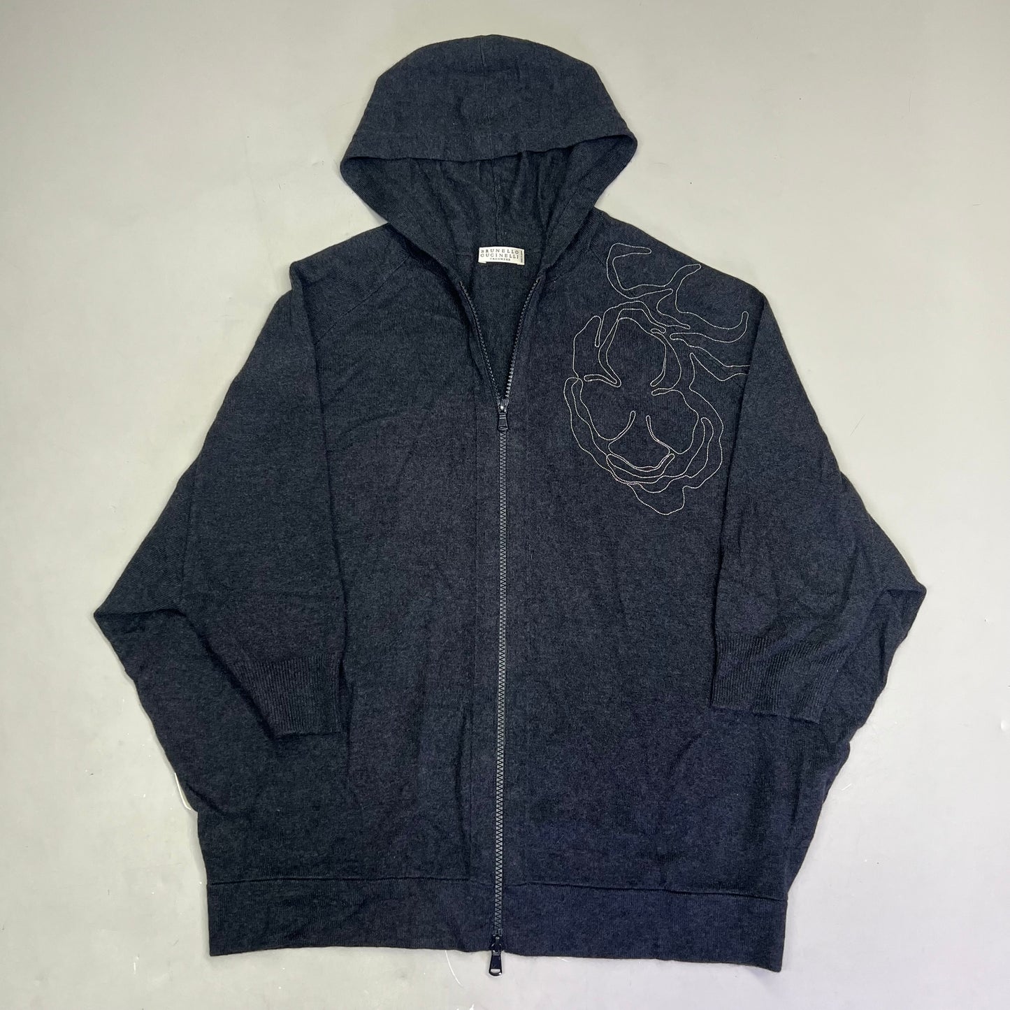 BRUNELLO CUCINELLI Mid Sleeve Cashmere Sweater Flower Detail Women's Sz L Grey