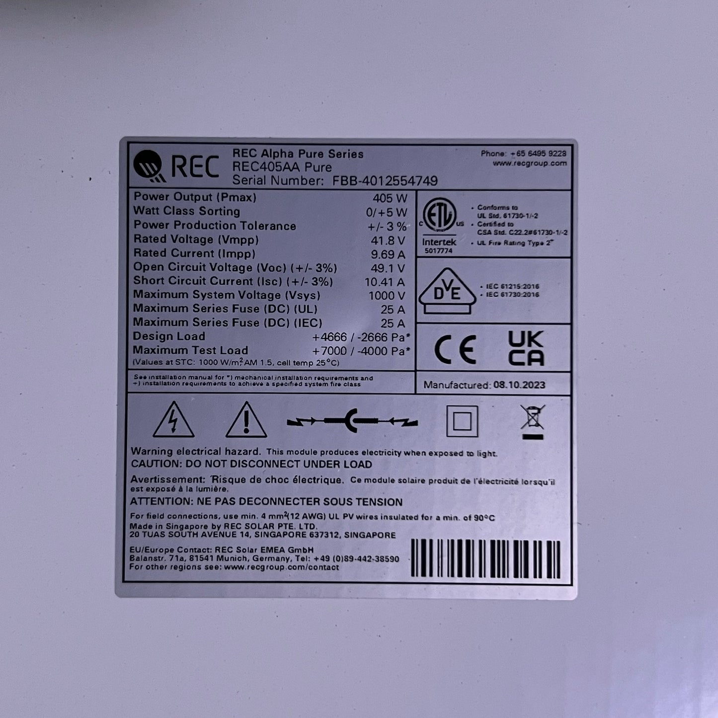 REC Solar Panel 405w 132 Half-cell 1000v, Black REC405AA