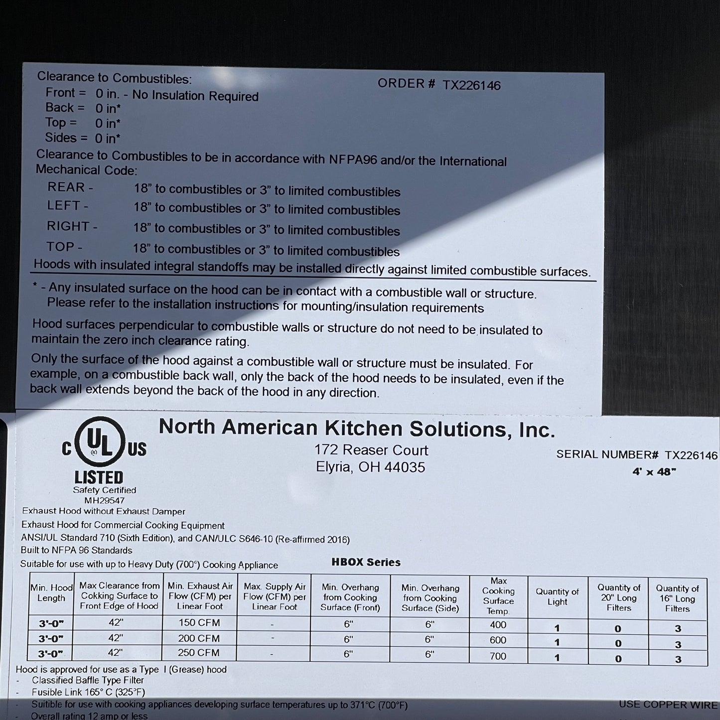 Z@ NORTH AMERICAN KITCHEN SOLUTIONS Commercial Kitchen Exhaust Hood Stainless Steel TX226146
