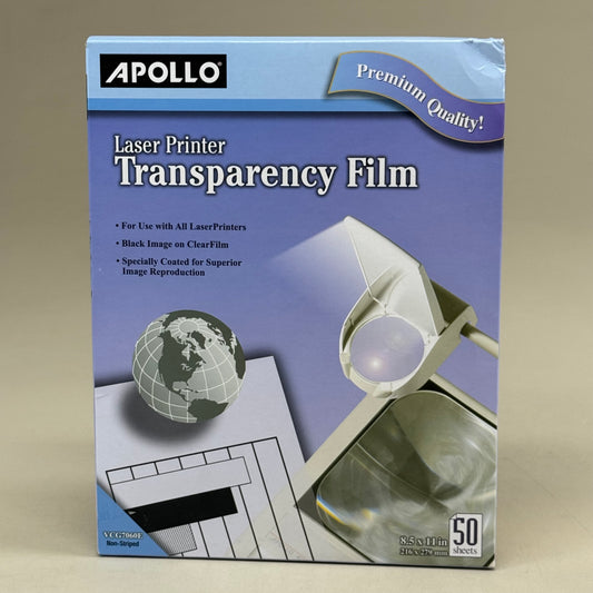 APOLLO (50 Sheets) Laser Printer Transparency Film  8.5"x11" Clear (New Other (Distressed Packaging))
