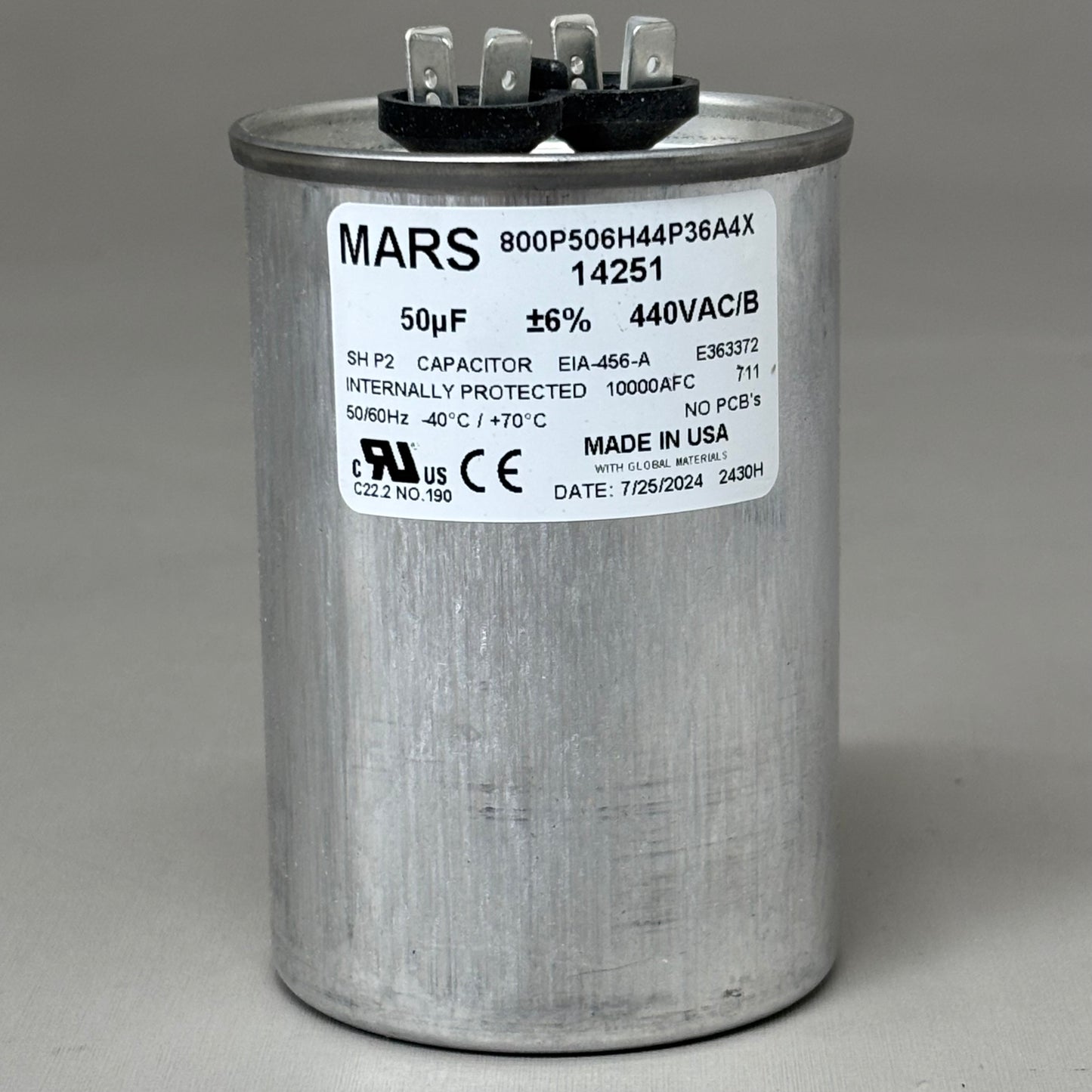 MARS Motor Run Capacitor Round 50 MFD 440/370 VAC Dual Voltage Rated 14251