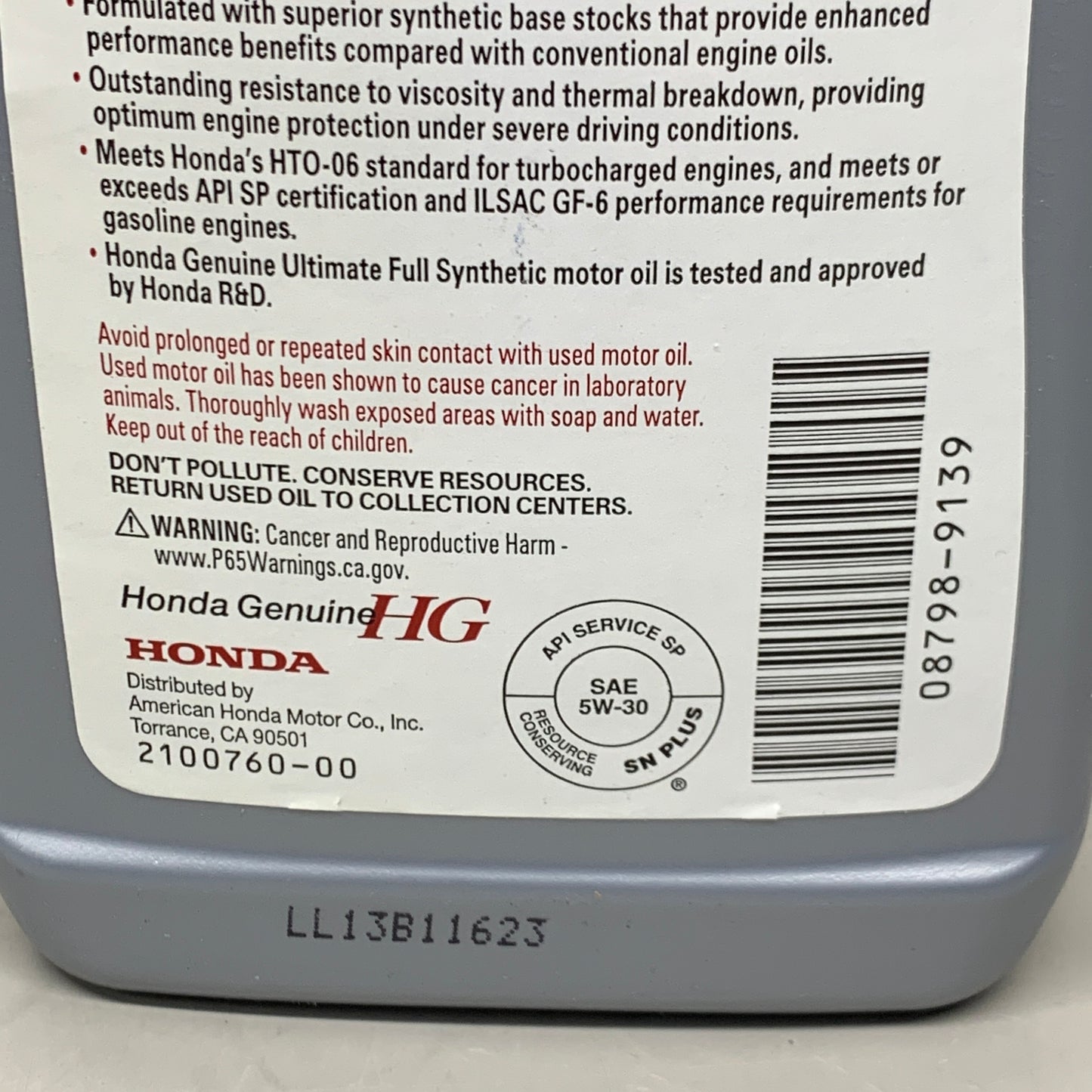 HONDA (3 PACK) Genuine Ultimate Full Synthetic SAE 5W-30 Advanced Protection