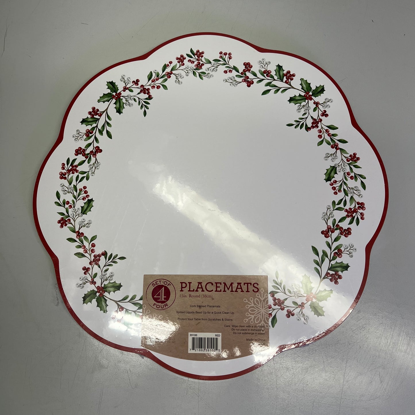 ZA@ BENSON MILLS (SET OF 4) Holly Wreath Scalloped Cork Backed  15" Red/White/Green