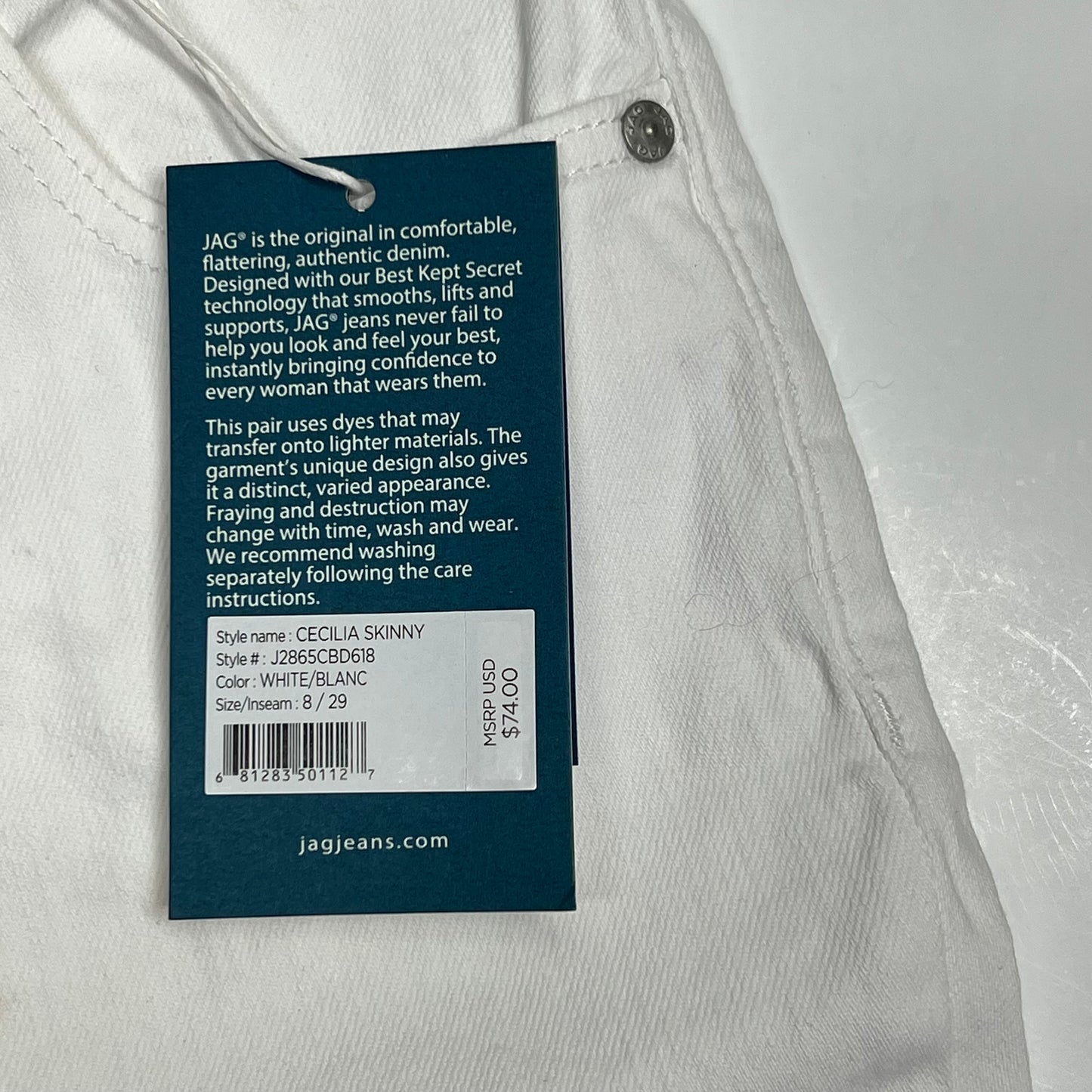 ZA@ JAG Cecila Skinny Jeans Flattering Mid Rise Women's Sz 8/29  White J2865CBD618 (As-is, Small Stain)
