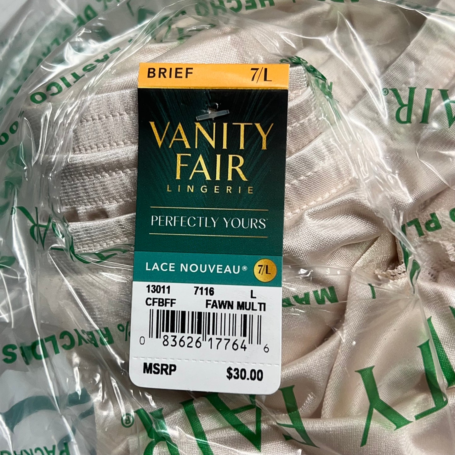 ZA@ VANITY FAIR (3 PACK SET) Perfectly Yours Lace Nouveau Brief Panty Women's Sz L Fawn 13011 A