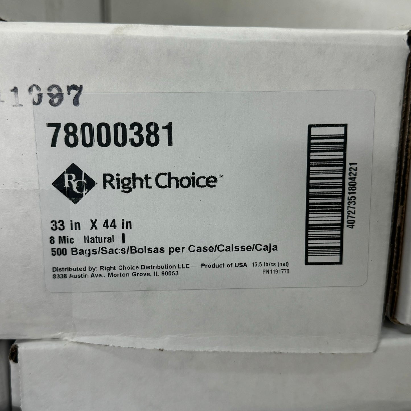 RIGHT CHOICE 500 Can Liners Plastic Bags 33 in x 44 in 8 Mic 78000381 Natural