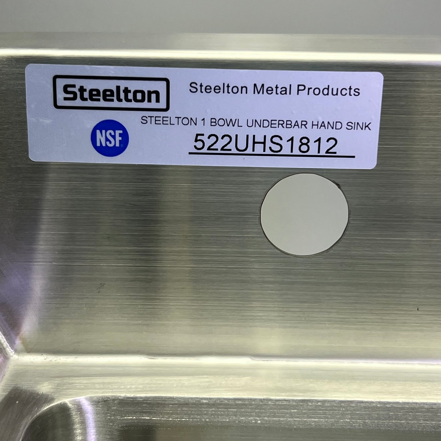 STEELTON 1 Bowl Underbar Hand Sink Sz 12"W x 18"L 522UHS1812