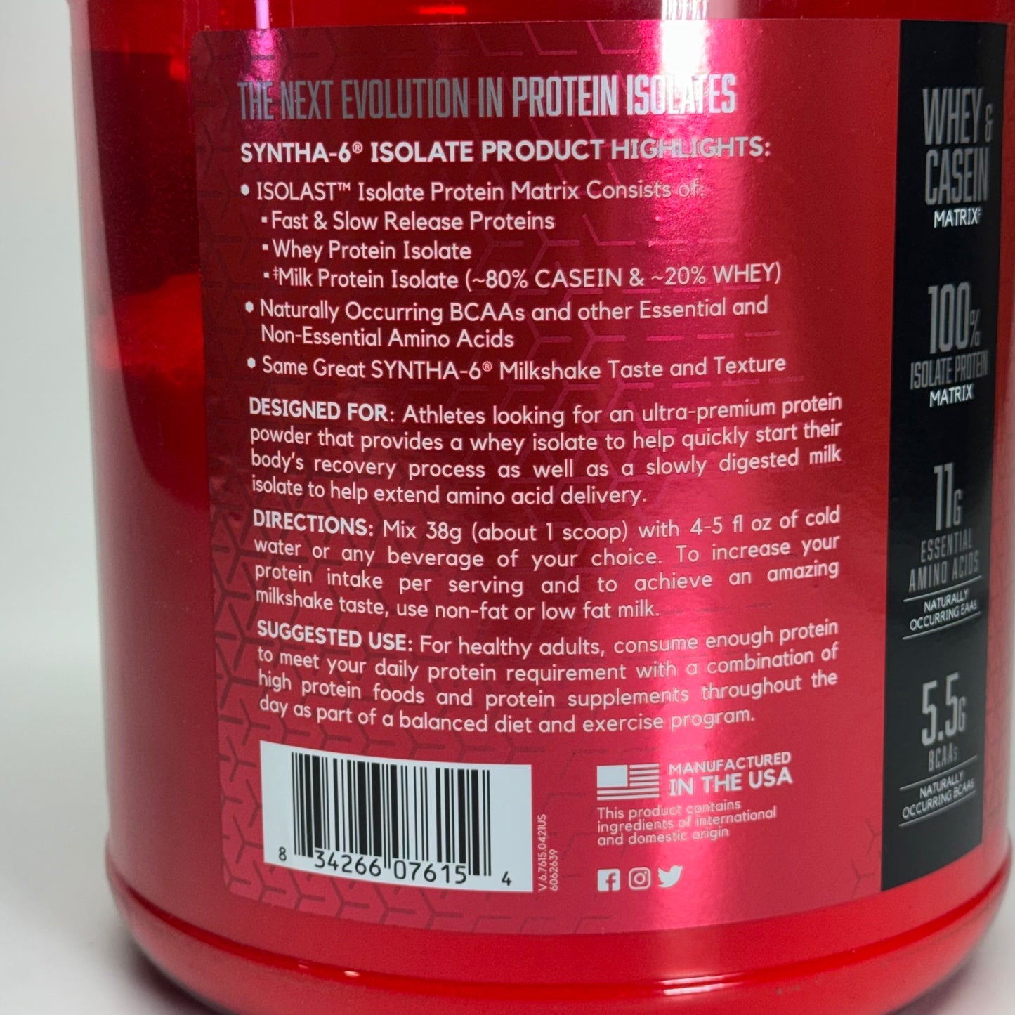 SYNTHA-6 Isolate Protein Powder Strawberry Milkshake 4.02 lb 6062639 BB 08/26