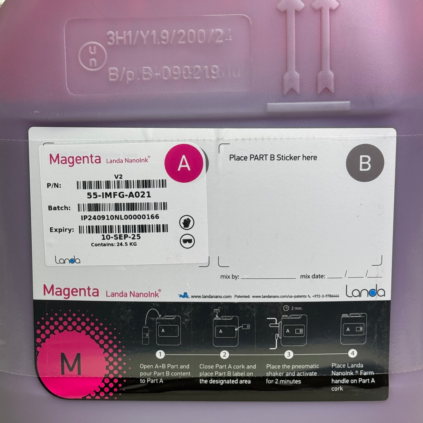 LANDA NANOINK Magenta Ink 25 Lit 6.6 Gallon Parts A & B 55-IMFG-A021 BB 09/25