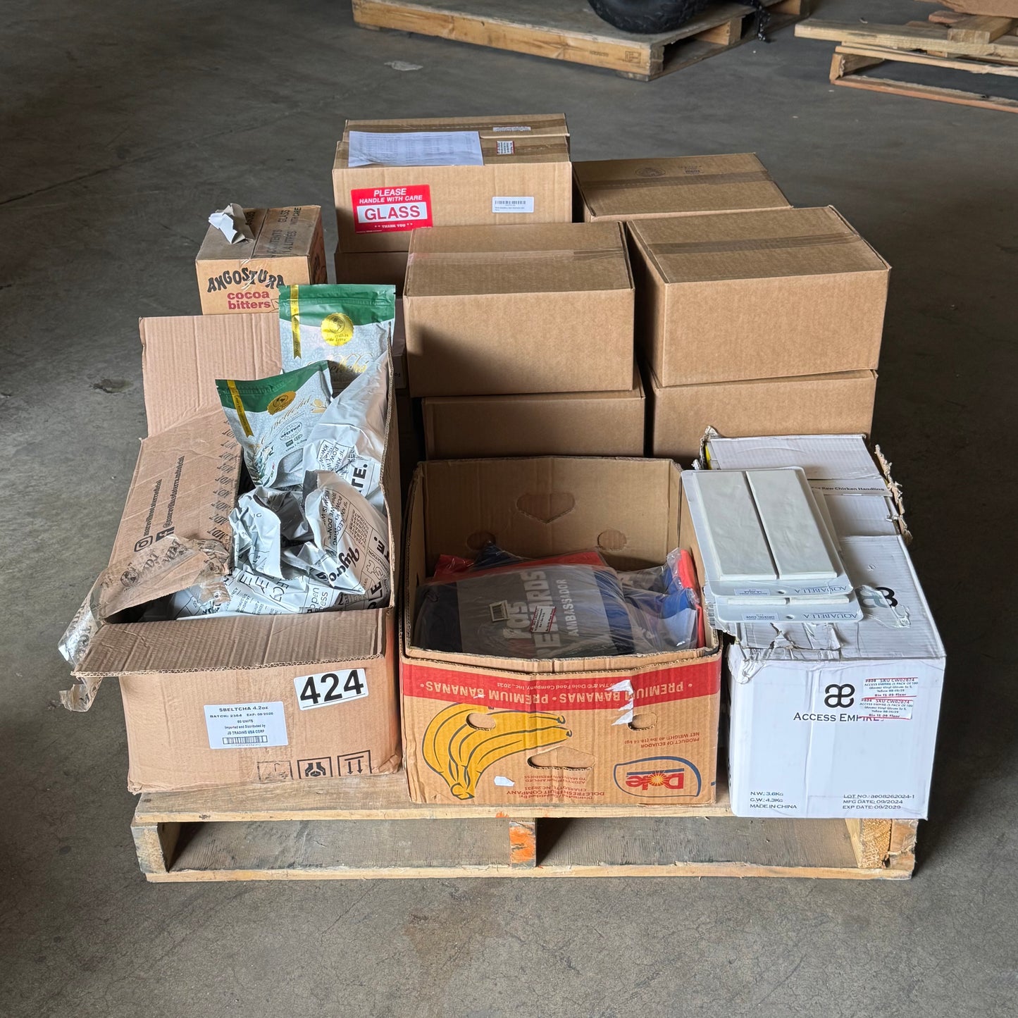 ZA@ Pallet of MIXED Chamomile, Gloves, Baby Cereal, Distillery Gin, Polypropylene Bags, Etc… (AS-IS)