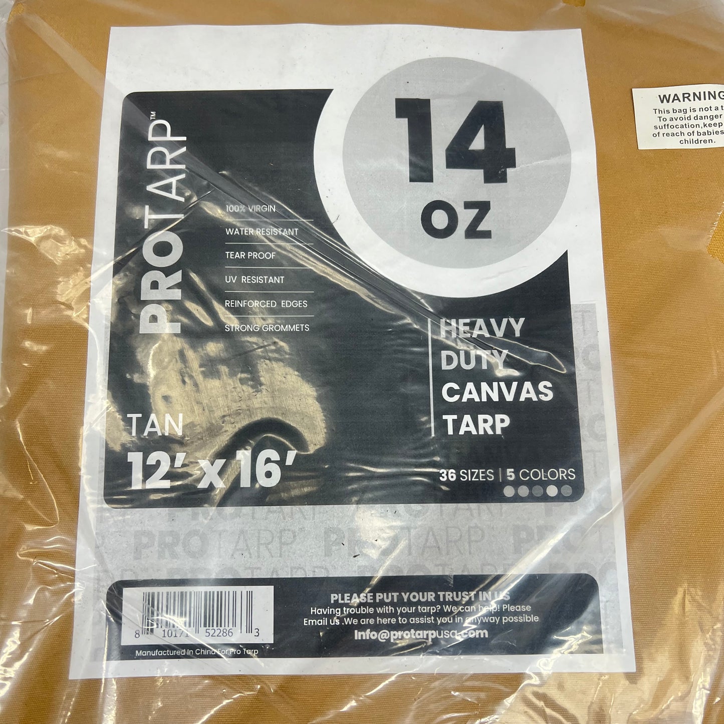 PROTARP Heavy Duty Canvas Tarp UV Resistant 14oz 12'x16' Tan PT-305-12X16