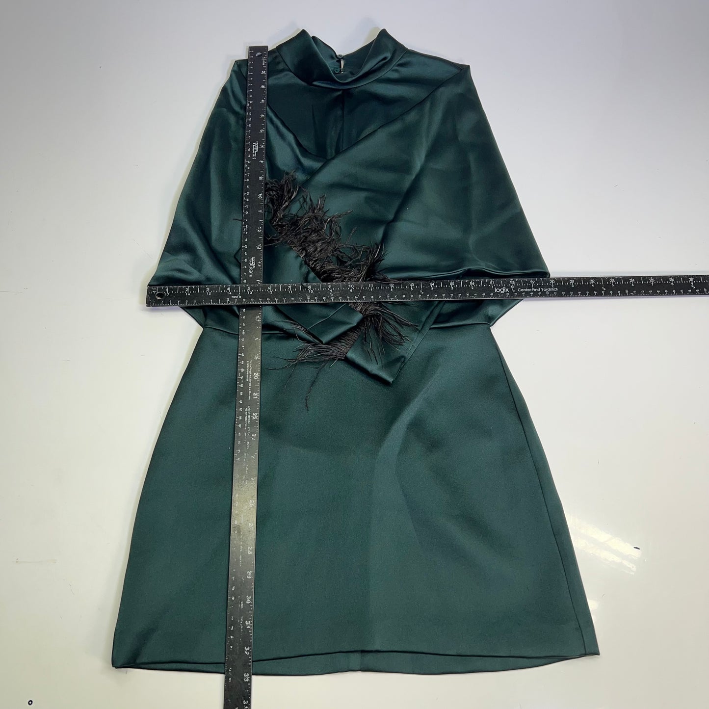 ZARA Open Back Feather Satin Effect Short Dress Women's Sz S Dark Green/Black