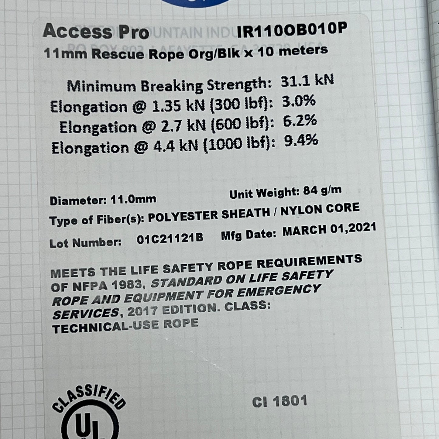 PMI Access Pro Rope W/ Steel Snap Hook 11mm x 32' Orange/Black IR110OB010P