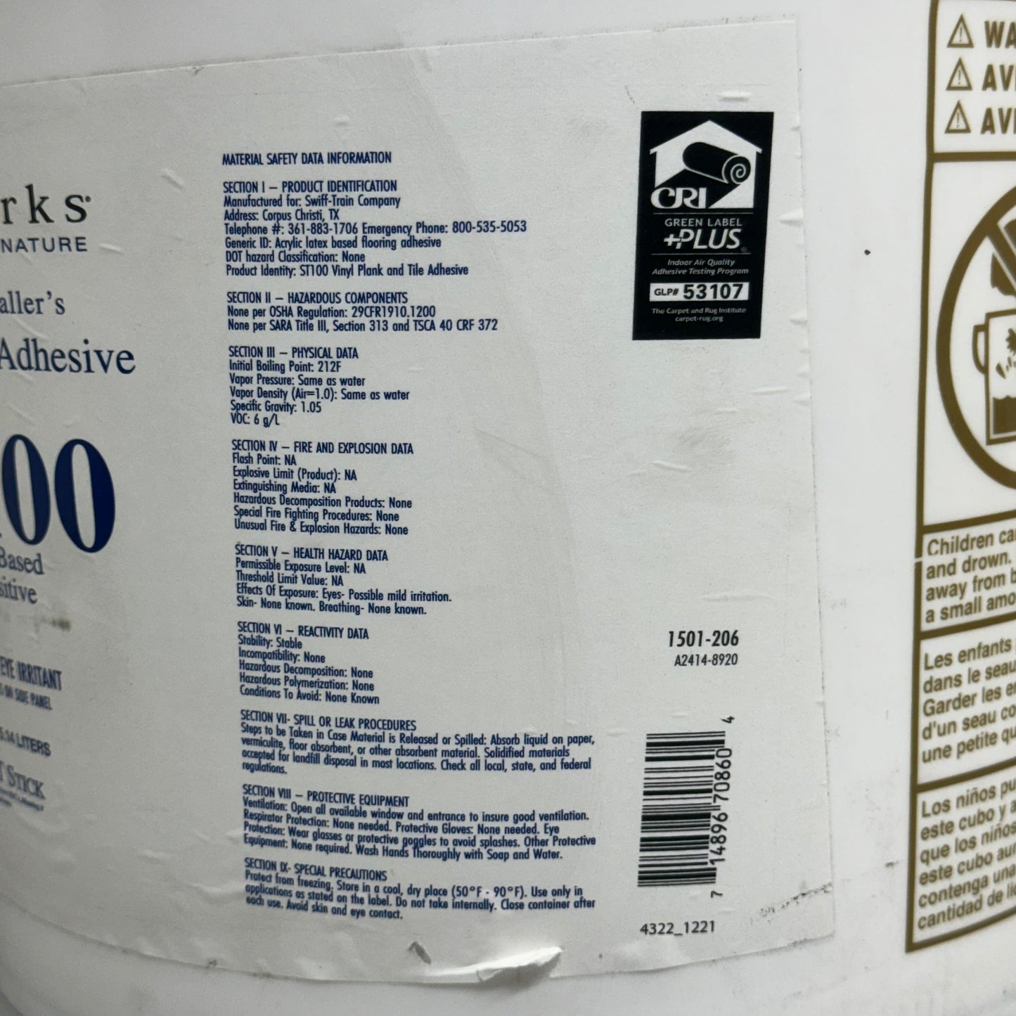 EARTHWERKS ST-100 Vinyl Plank & Tile Adhesive 4 Gallons 12”H Plastic Container White-Grey Container