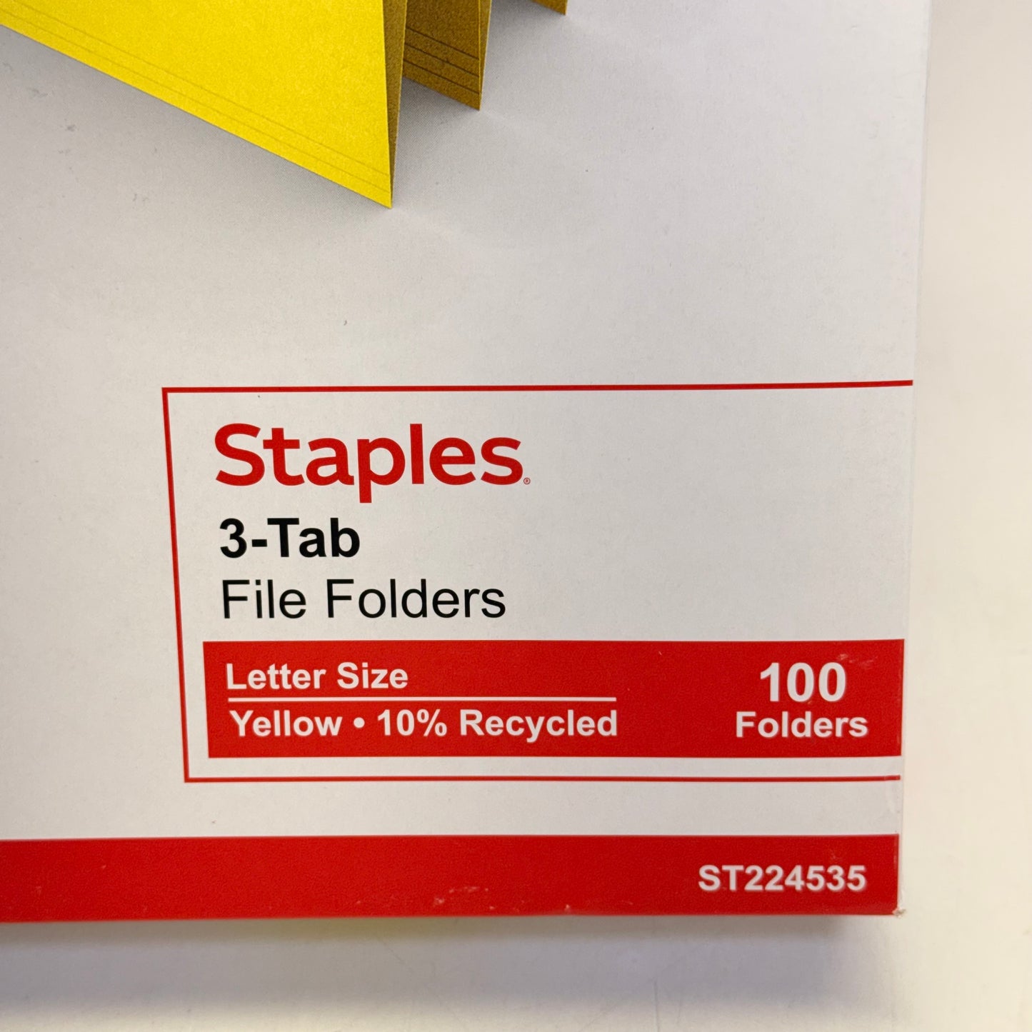 STAPLES (2 PACK, 100 Count Ea) 3 - Tab File Folders Letter Size Yellow ST224535