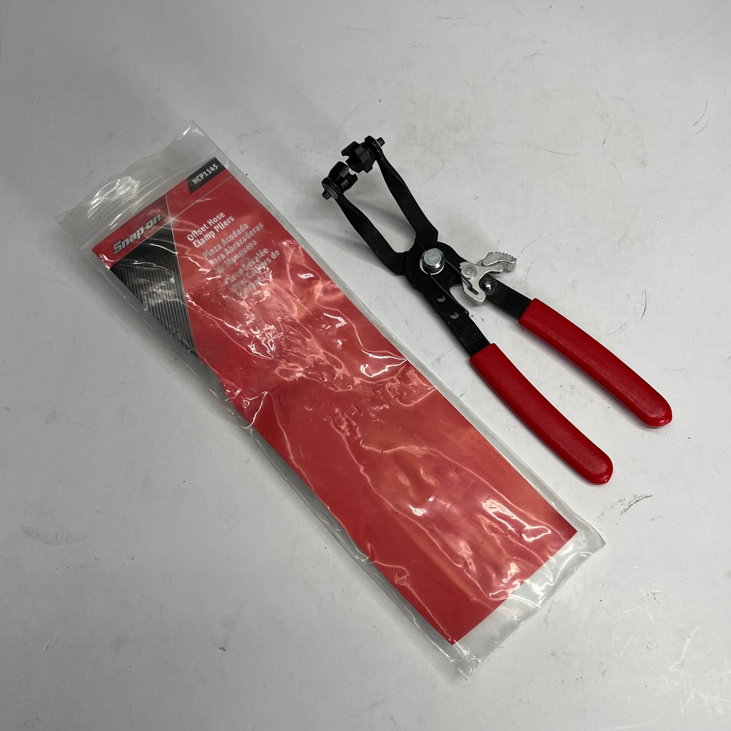 SNAP ON Ratcheting Offset Hose Clamp Pliers  9" 45 Degree Red/Black HCP1145
