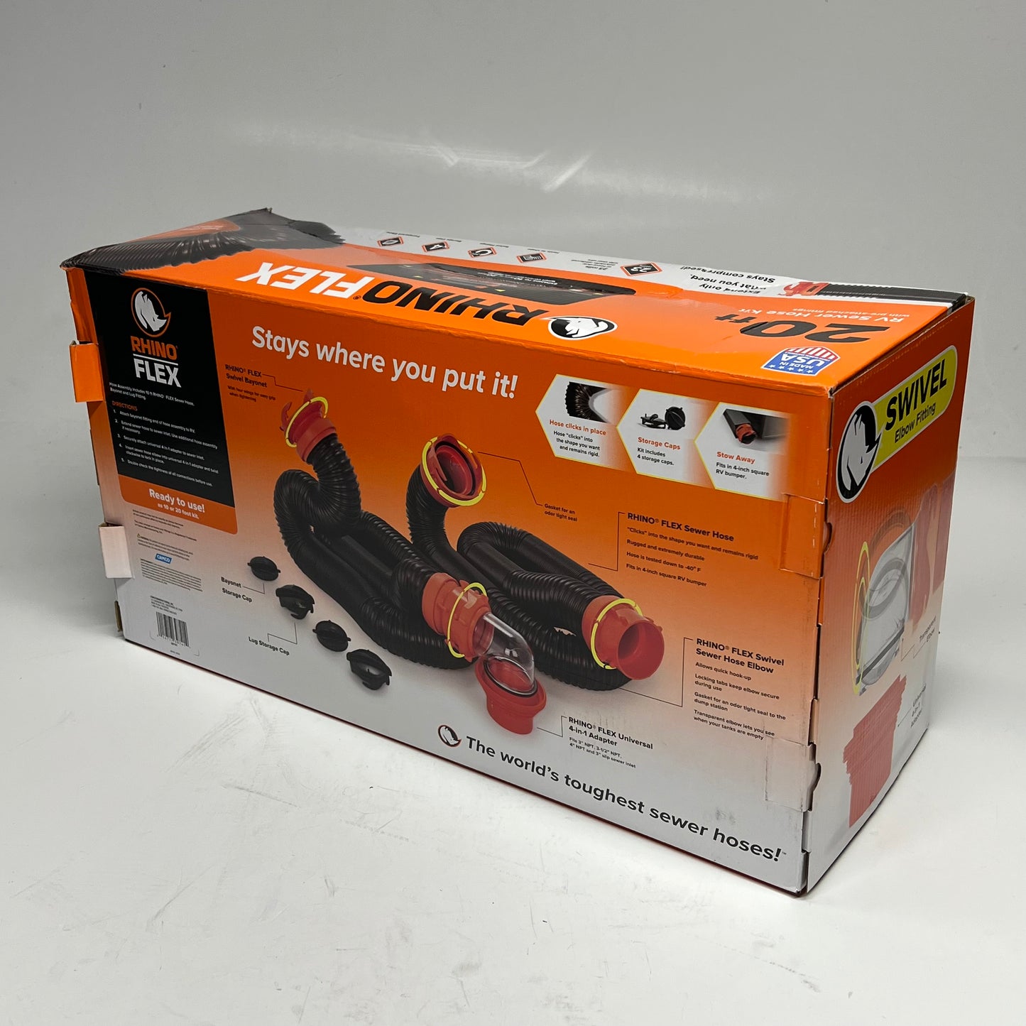 CAMCO Rhino Flex Rv Sewer Hose Kit 360 Degree Swivel Fittings 20' Black 39741