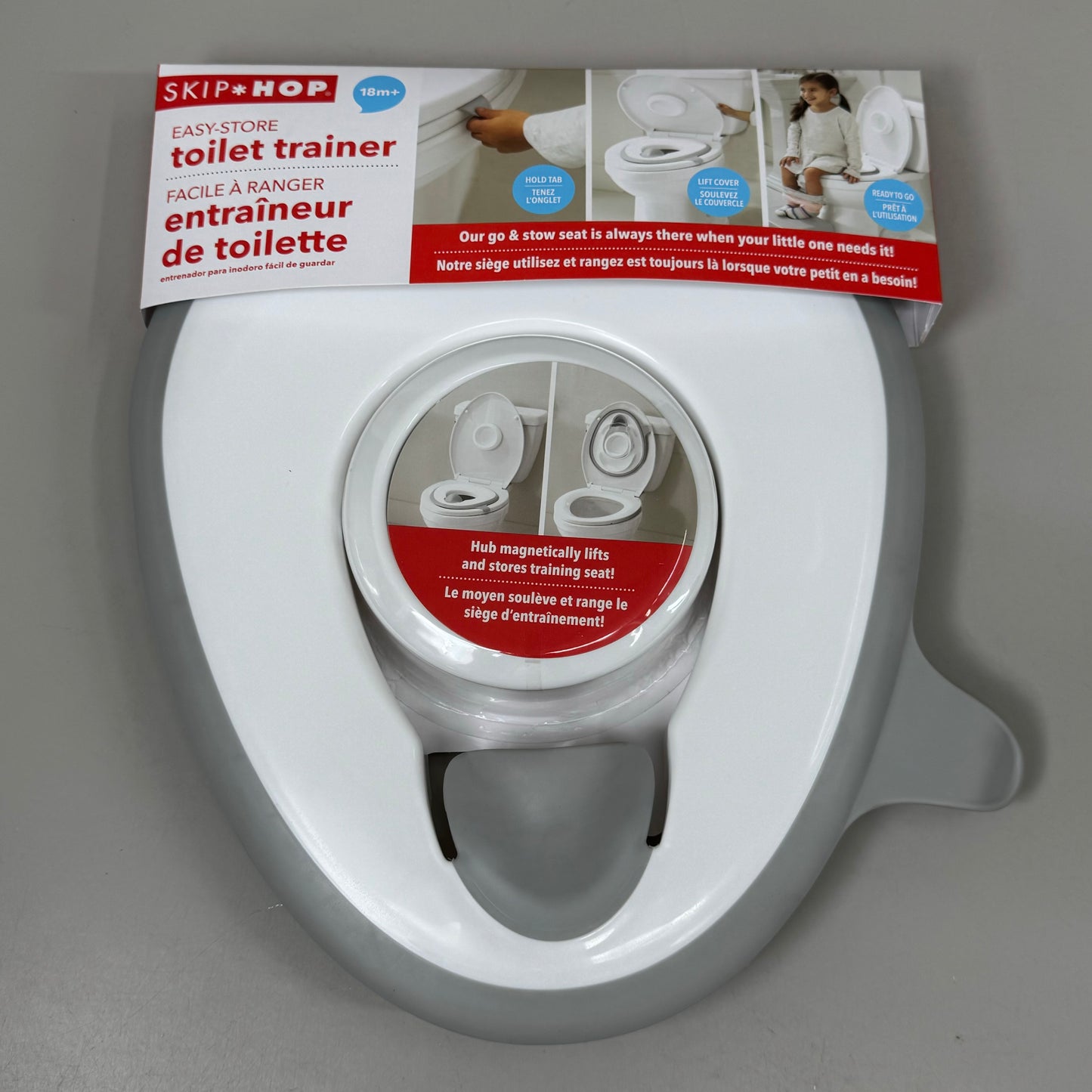 SKIPHOP Easy-Store Toilet Trainer Ages 18M+ Magnetic Hub Non-Slip Rim White Grey