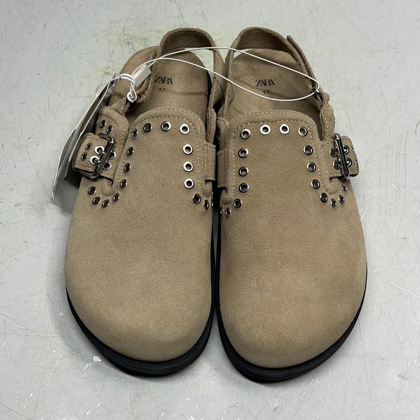 ZA@ ZARA Cow Leather Studded Split Suede Buckle Clogs Women's Sz 37 Tan
