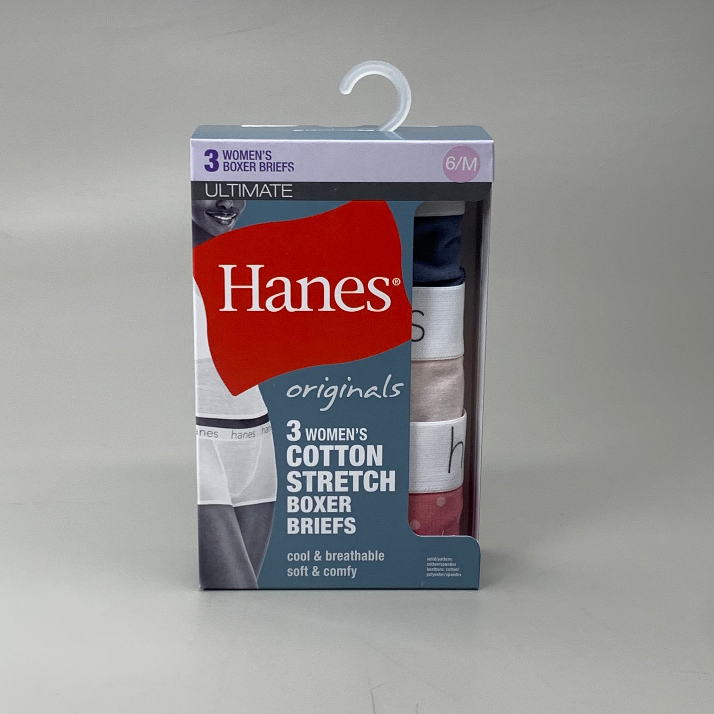 HANES 3 PACK! Originals Women's Breathable Cotton Boxer Briefs Underwear Sz M Blue/Buff/Pink 45OUBB