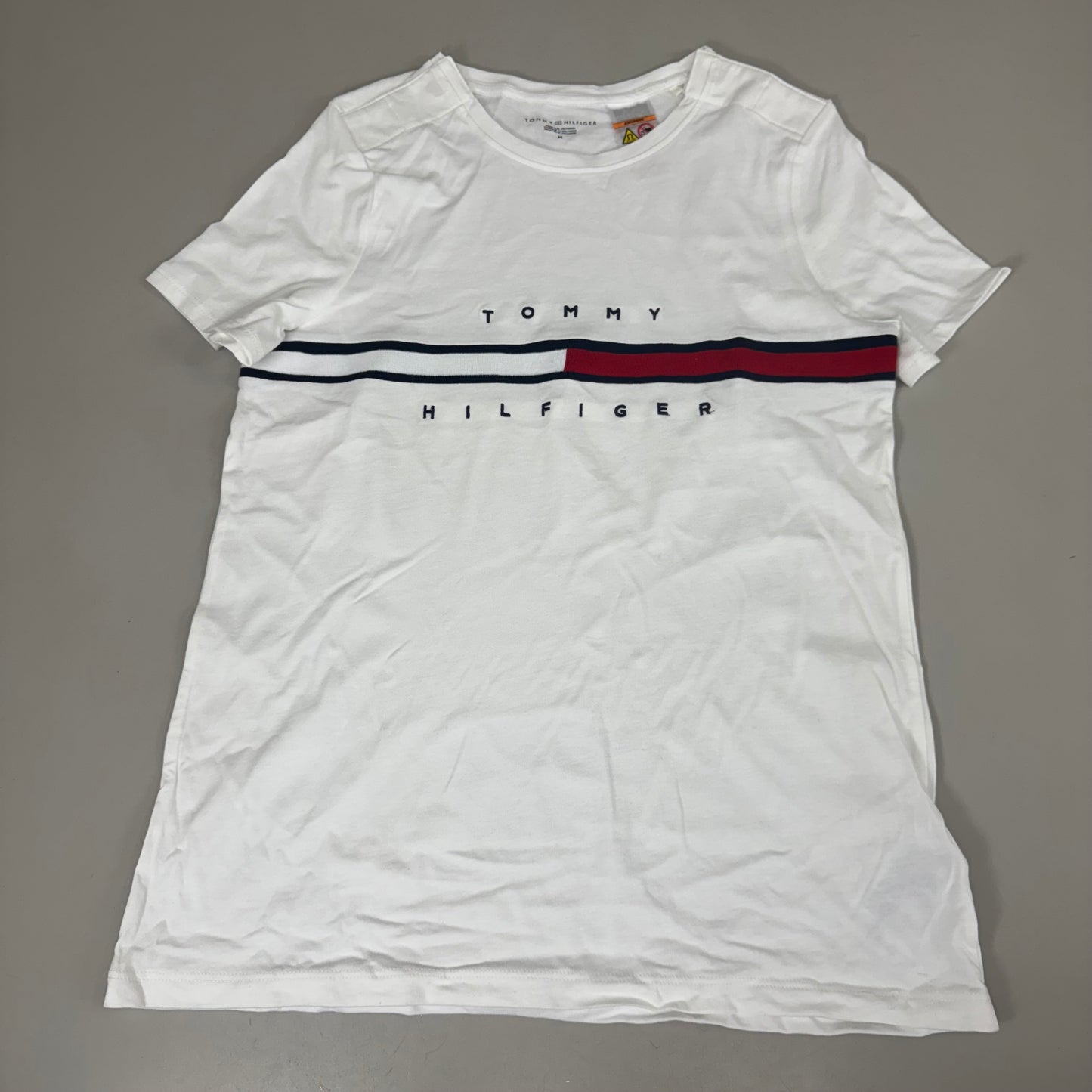 TOMMY HILFIGER Adaptive Short Sleeve Magnet Button T-Shirt White Women's SZ M Signature Stripe (New Other)