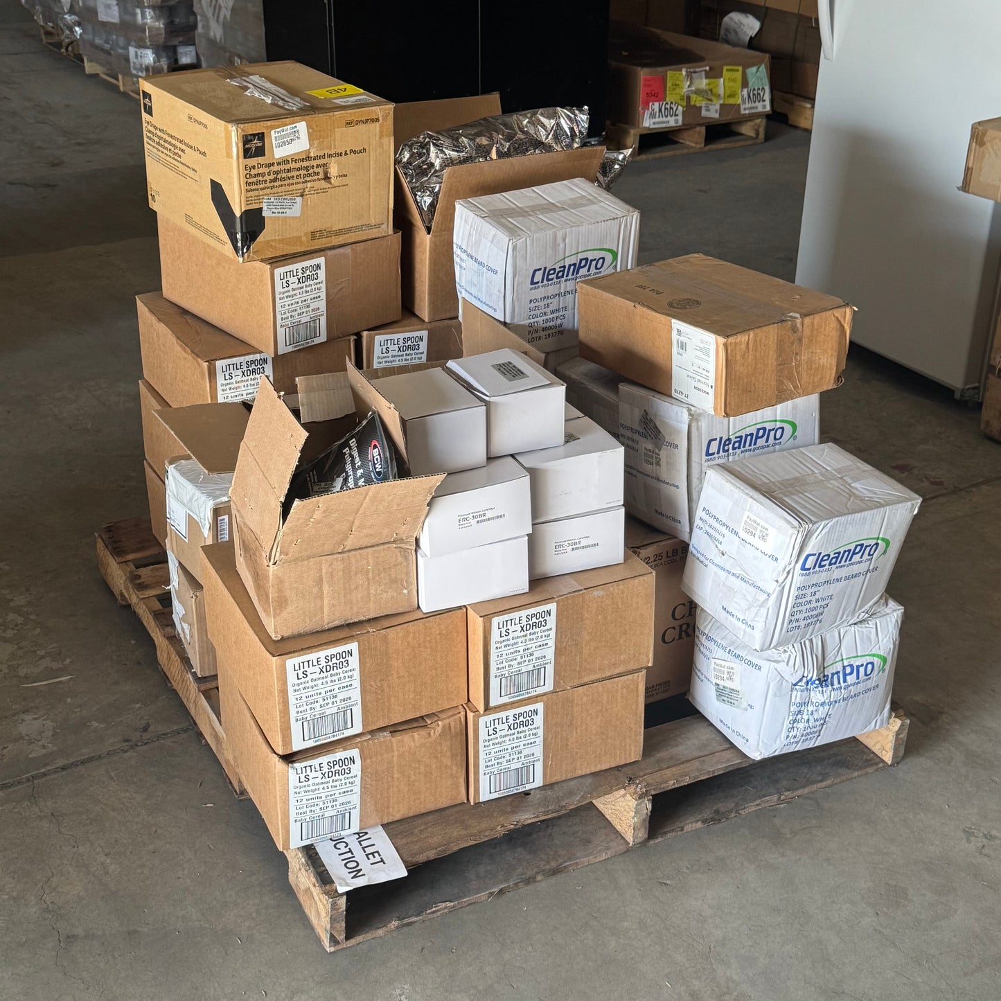 ZA@ Pallet of MIXED Polypropylene Beard Cover, Ribbon Cartridge, Eye Drape, Baby Cereal, Etc… (AS-IS)