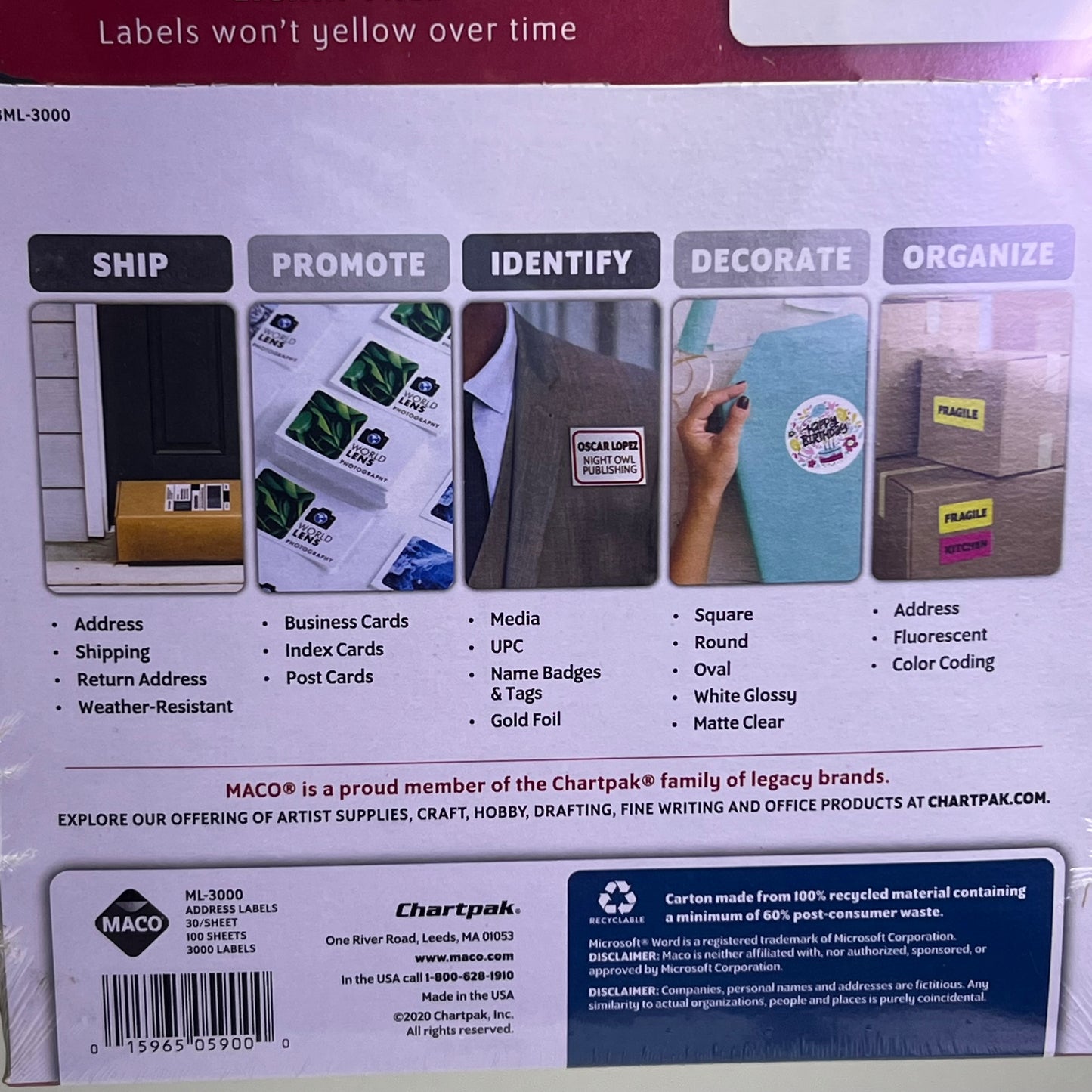 MACO (3000 Labels) Bright White Label Stock 1" x 2 5/8" White ML-3000