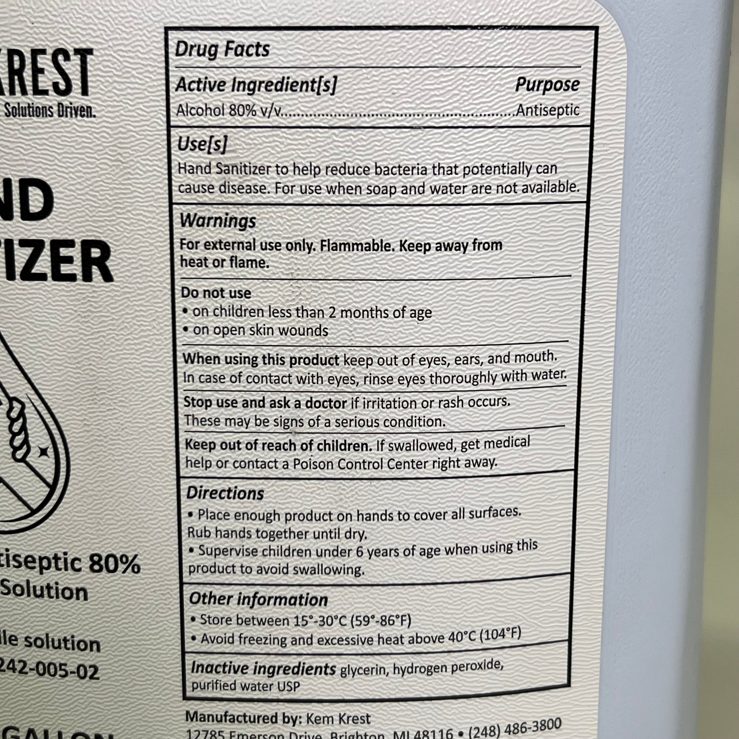 KEM KREST (3 PACK) Hand Sanitizer 1 Gal Alcohol Antiseptic 80% Topical Solution