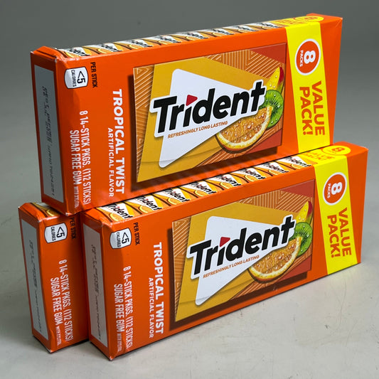 ZA@ TRIDENT (3 PACK, 112 Sticks Each) Tropical Twist 1.9g BB 07/25 (New) D