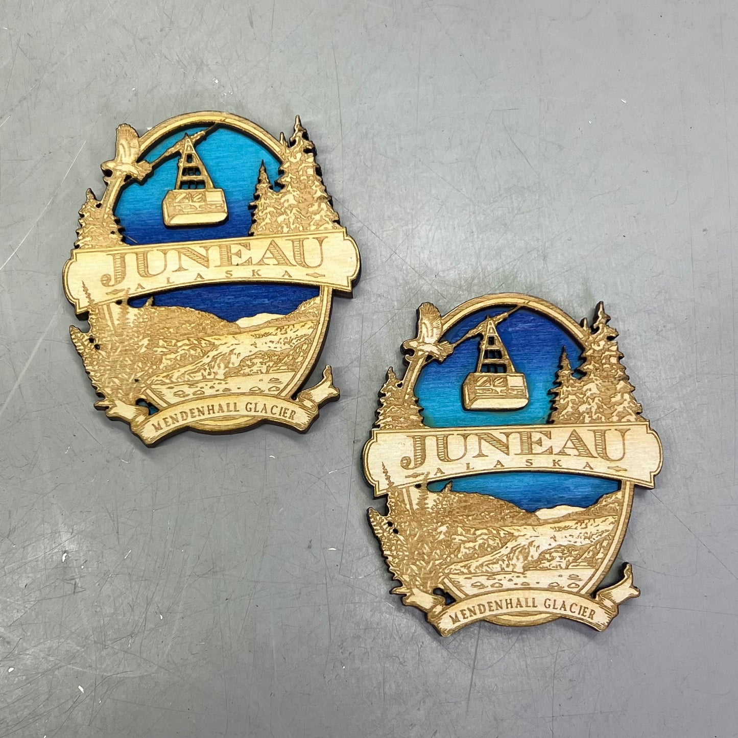 (2 PACK) Mendenhall Glacier Laser Cut Wood Magnet Souvenir JUNEAU, AK Made USA