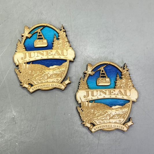 (2 PACK) Mendenhall Glacier Laser Cut Wood Magnet Souvenir JUNEAU, AK Made USA