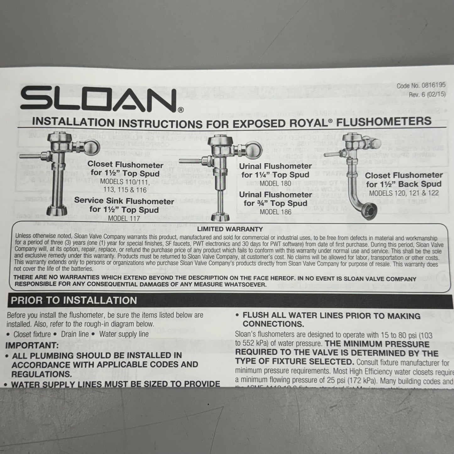 SLOAN Urinal Flushometer Royal Chromate Model: 186-0.5