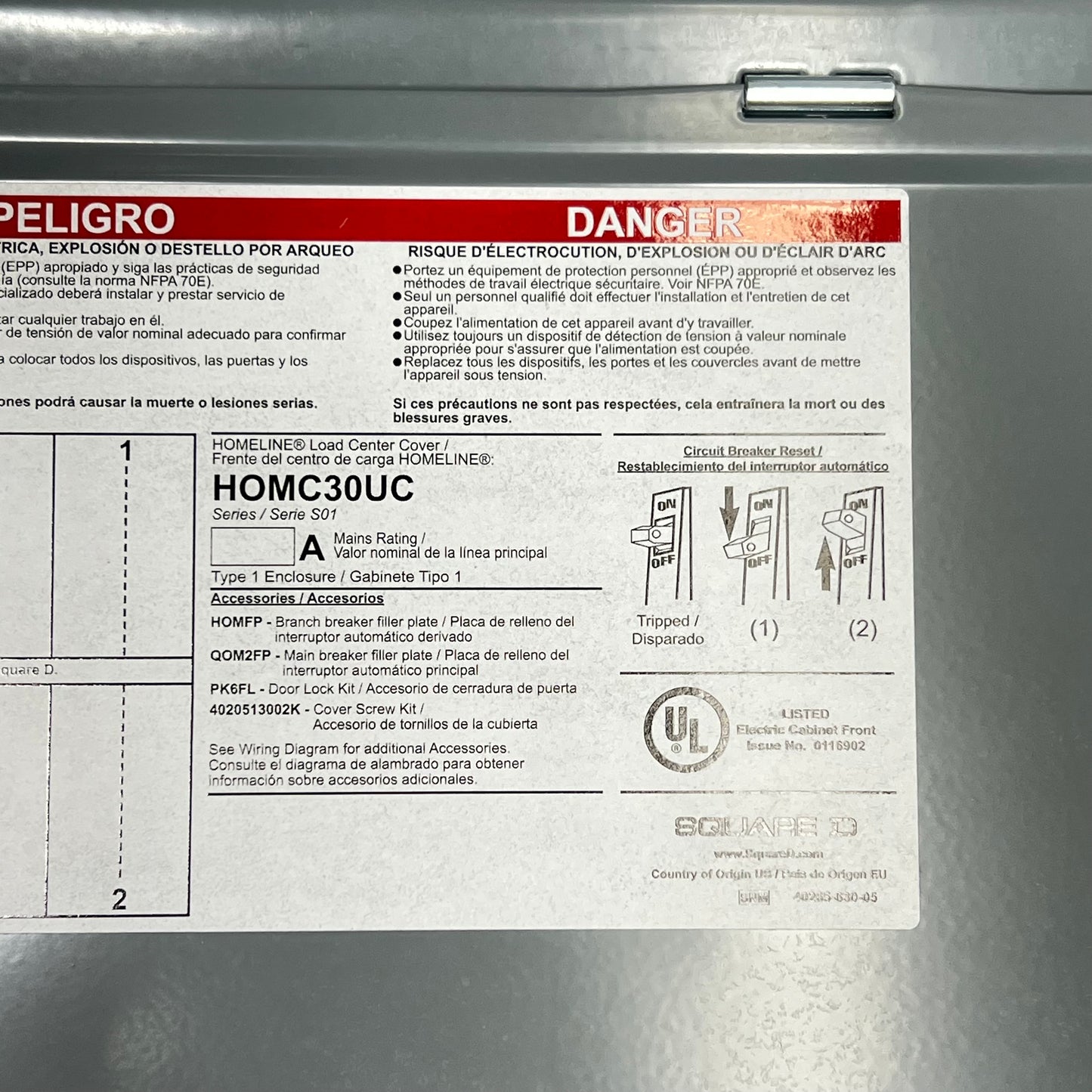 SCHNEIDER ELECTRIC Square D Cover Assey For 30 Space Load Center HOMC30UC